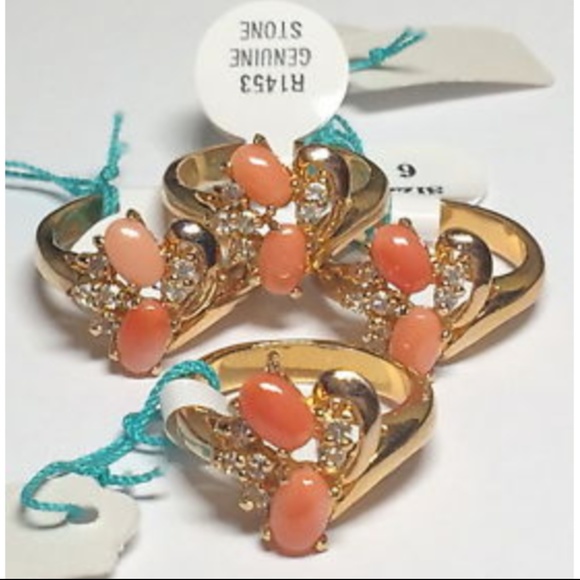 Gold Peach Coral CZ Cocktail Statement Ring Size 6 - Picture 6 of 8